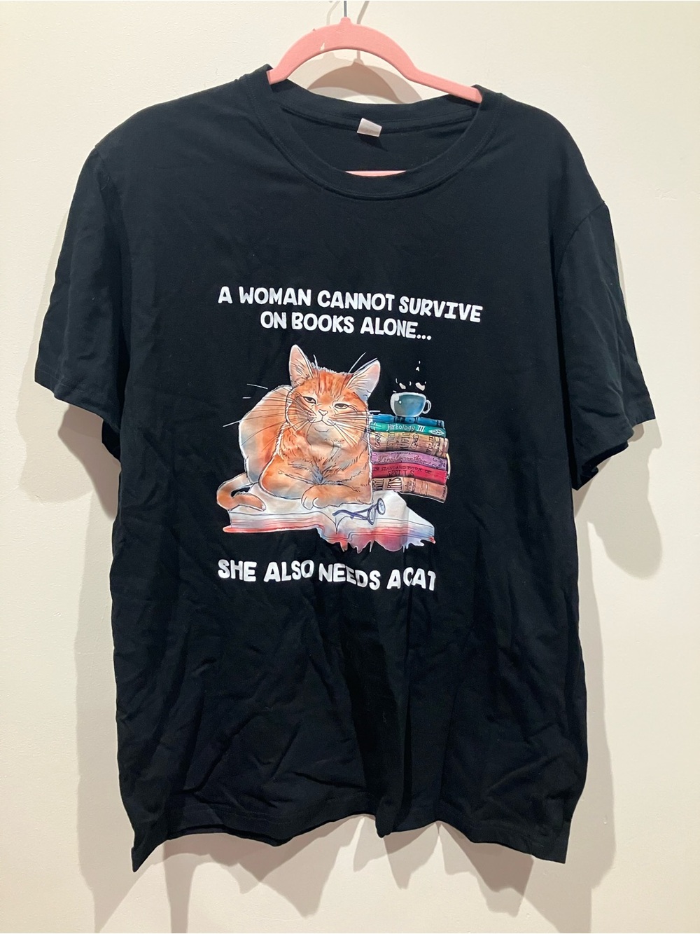 Black Graphic Cat & Books Tee with Orange Tabby Illustration
